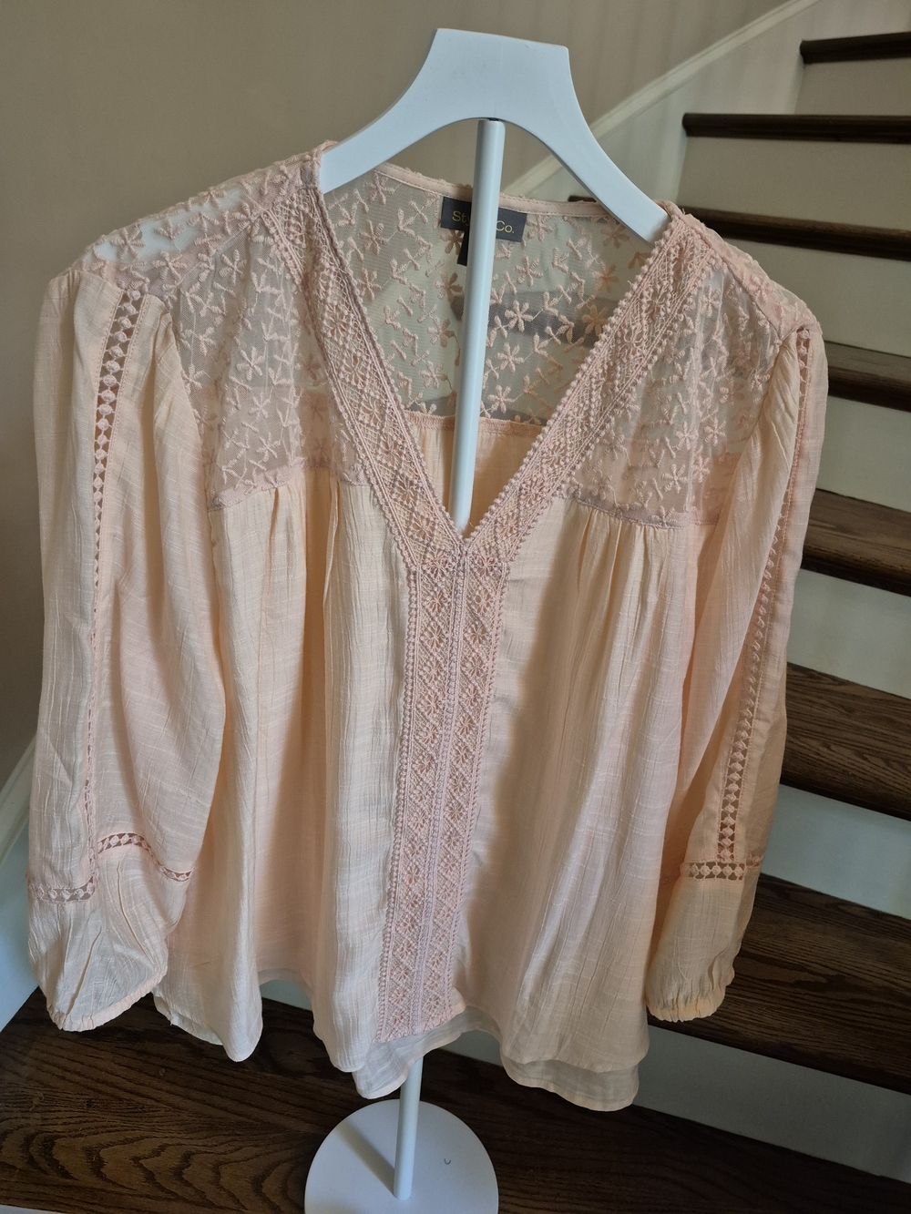 Style & Co. Pale Pink Embroidered V-Neck Peasant Blouse
